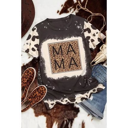 Black Bleached Leopard MAMA Graphic Crew Neck Tee