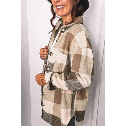 Khaki Plaid Color Block Buttoned Long Sleeve Jacket with Pocket