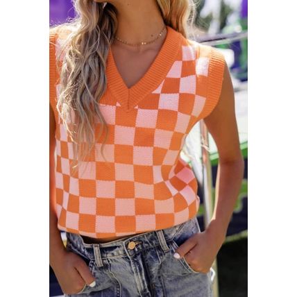 Russet Orange Checkered V Neck Knitted Sweater Vest