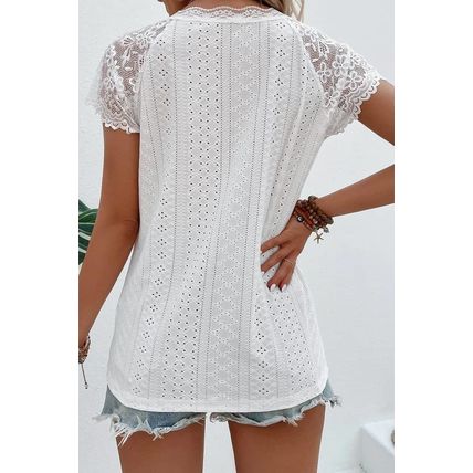 White Sheer Lace Short Sleeves Eyelet Embroidered Tee