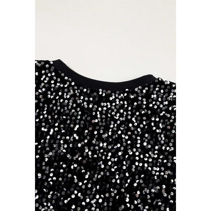 Black Sequined Long Sleeve Crew Neck Cropped Blouse