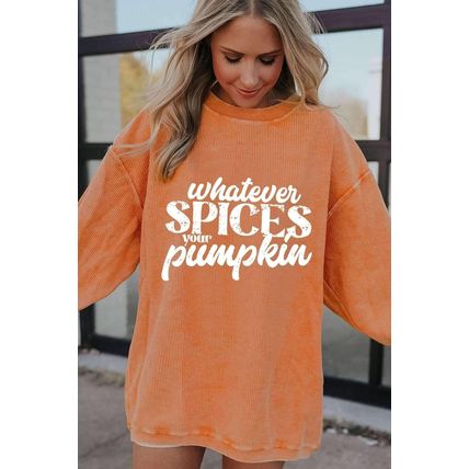 Orange Whatever Spices Your Pumpkin Graphic Corded Pullover Sweatshirt