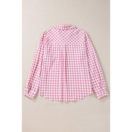 Pink Gingham Print Chest Pockets Buttoned Collared Shirt
