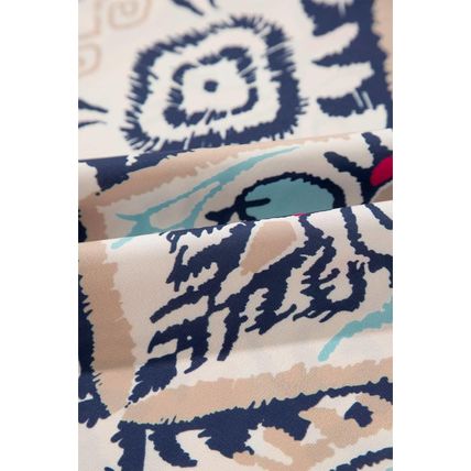 White Abstract Printed Notched V Neck Split Half Sleeve Blouse
