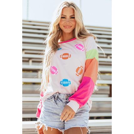Pink GAME DAY Rugby Football Graphic Color Block Sleeve Top