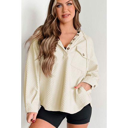 Apricot Textured Buttoned Neckline Side Pockets Hoodie