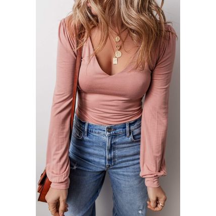Fushia Plain V neck Long Sleeve Casual Bodysuit