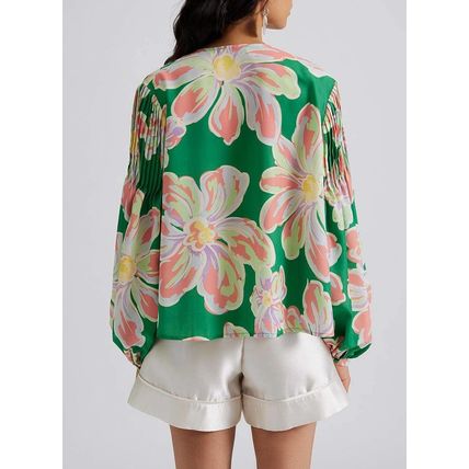 Green Floral Print Button up Pleated Puff Sleeve Loose Shirt