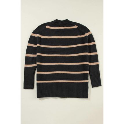 Black Stripe Buttoned V Neck Drop Shoulder Loose Cardigan