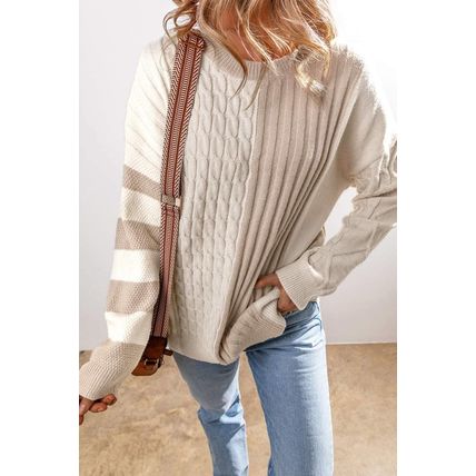 Khaki Cable Knit Colorblock Crew Neck Drop Shoulder Sweater
