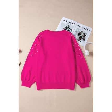 Strawberry Pink Pearled Decor Raglan Sleeve Plus Size Sweater