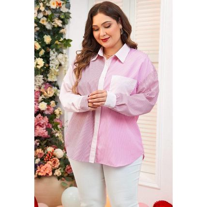 Pink Stripe Print Colorblock Plus Size Shirt