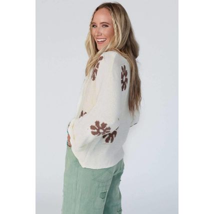 White Colorblock Floral Pattern Round Neck Sweater
