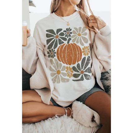 White Thanksgiving Pumpkin Print Loose Crewneck Tunic T Shirt
