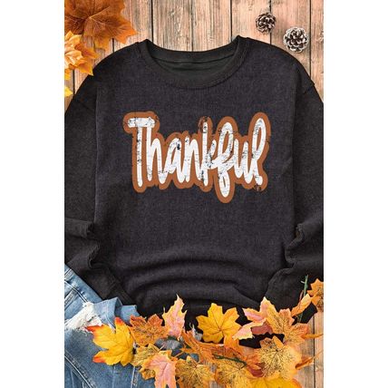 Black Thankful Printed Drop Shoulder Corded Thanksgiving Sweatshirt