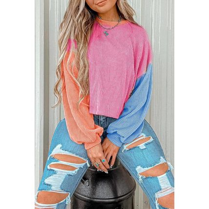 Rose Red Corded Colorblock Patchwork Drop Shoulder Long Sleeve Top
