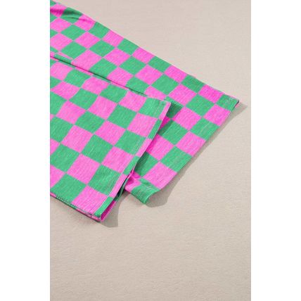 Green 2-Tone Checked Print High Waist Wide Leg Pants