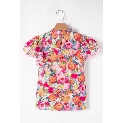 Multicolour Lace Trim Ruffle Short Sleeve Floral Blouse