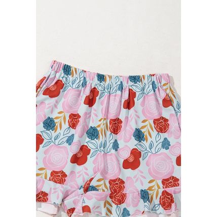 Multicolour Floral V Neck Cami Top and Ruffled Shorts Lounge Set