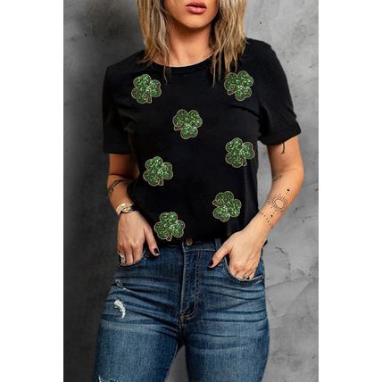 Black Sequin Leopard Clover Graphic Crewneck St Patrick Tee