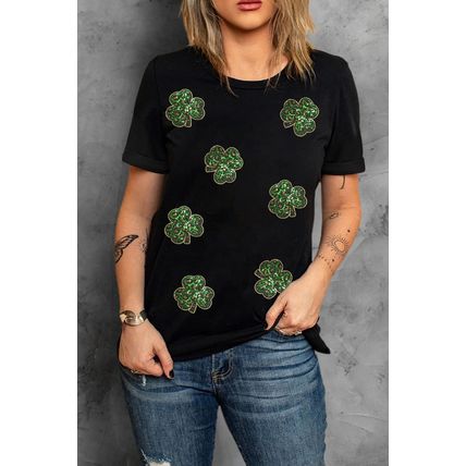 Black Sequin Leopard Clover Graphic Crewneck St Patrick Tee