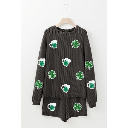 Carbon Grey Lucky Clover Beer Sequin Patched Graphic Corded 2pcs Outfit