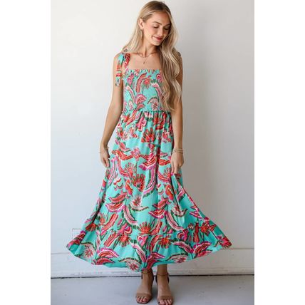 Green Abstract Print Smocked Bodice Knotted Straps Ruffled Maxi Dress