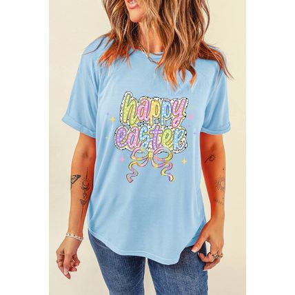 Light Blue happy easter Bowknot Printed Crewneck T Shirt