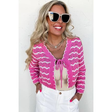 Pink Stripe Crochet Scalloped Trim Lace-up Front Cropped Cardigan