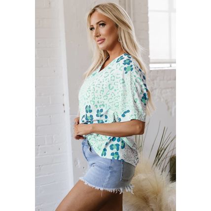 Green Mixed Leopard Print V Neck Short Sleeve Blouse
