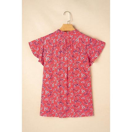 Red Floral Tie Split Neck Short Flounce Sleeve Crinkled Blouse
