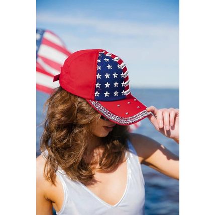 Fiery Red American Flag Rhinestone Decor Baseball Cap
