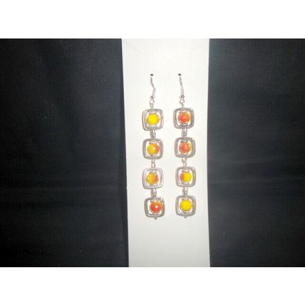 Electro plated orange on yellow faceted drum glass long earrings bright fun hols