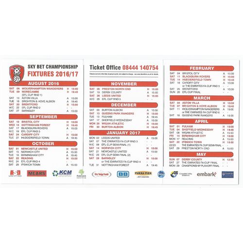Fixture Card ROTHERHAM UNITED 2016-17 (Mint Condition - No Folds)