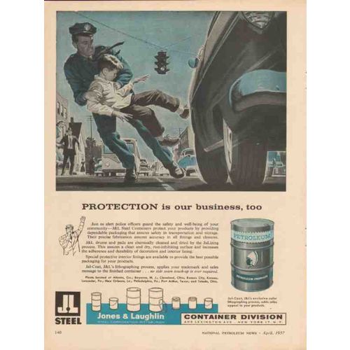 JONES LAUGHLIN STEEL CORP 1957 Protection container vintage ad