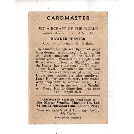 CARDMASTER JET AIRCRAFT OF THE WORLD 1958 HAWKER HUNTER No.34 GREAT BRITAIN