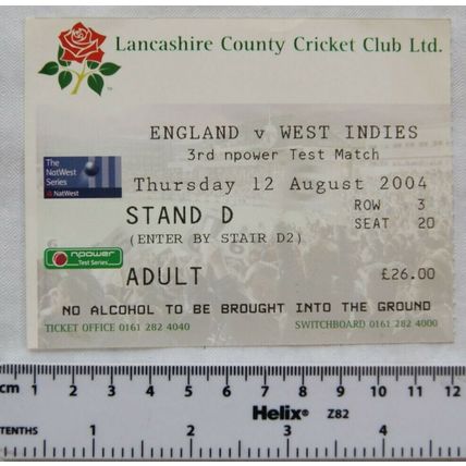 2004 ticket England v. West Indies, Lancashire County Cricket club