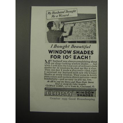 1933 Clopay Window Shades Ad - My husband thought me a wizard