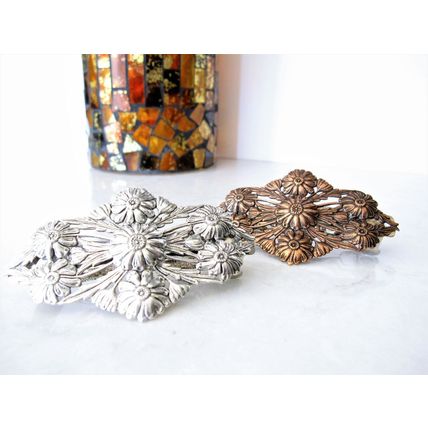 Copper plated brass or silver metal flower filigree hair clip barrette