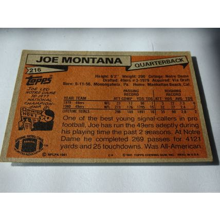 1981 Topps Football Card # 216 Joe Montana Very Good (3) San Francisco 49ers
