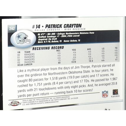 2004 Topps Chrome PATRICK CRAYTON (Cowboys) Rookie Card #242
