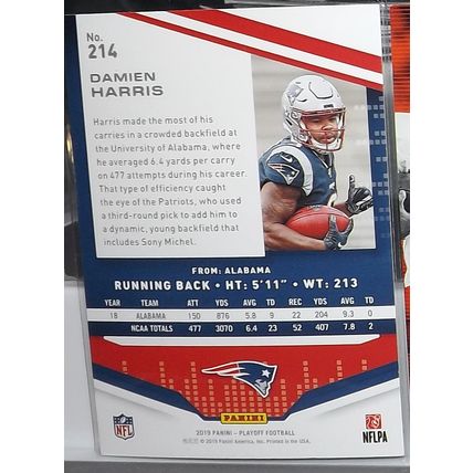 2019 Panini Playoff DAMIEN HARRIS (Patriots) Rookie card #214