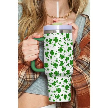 Dark Green Clover Print Thermos Cup with Handle 1200ml
