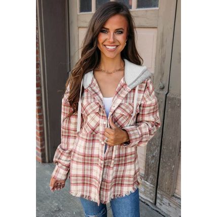 Multicolour Plaid Flap Pocket Hooded Raw Hem Jacket
