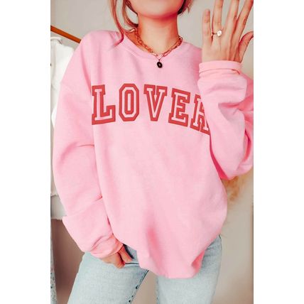 Pink LOVER Puff Print Drop Shoulder Pullover Sweatshirt