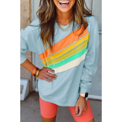 Beau Blue Rainbow Colorblock Striped Pullover Sweatshirt