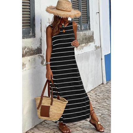Black Stripe Print Open Back Sleeveless Maxi Dress with Slits