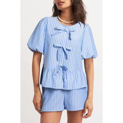 Sky Blue Striped Bowknot Detail Puffy Sleeve Top and Shorts 2Pcs Set