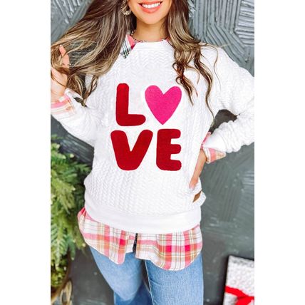 White LOVE Chenille Embroidered Cable Knit Pullover Sweatshirt