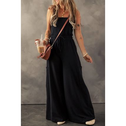 Black Drawstring Wide Leg Cargo Pockets Sleeveless Jumpsuit